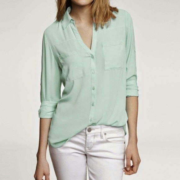 Express Mint Sheer Button Down Shirt Blouse - Picture 1 of 6